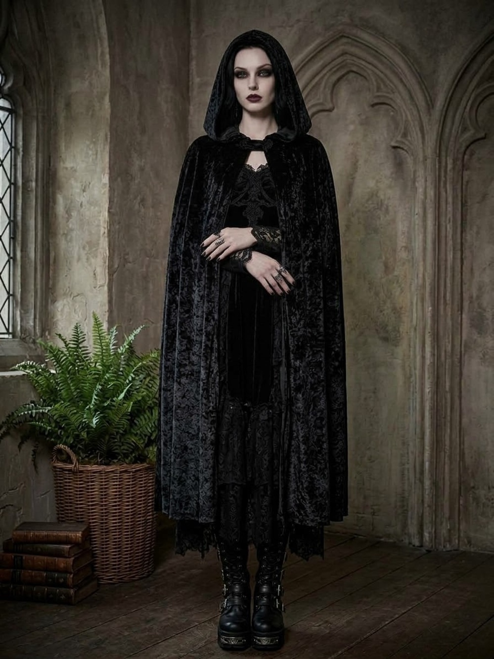 Spirit Goth Crushed Velvet Witch Vampire Black Hooded Cloak Cape OS Costume